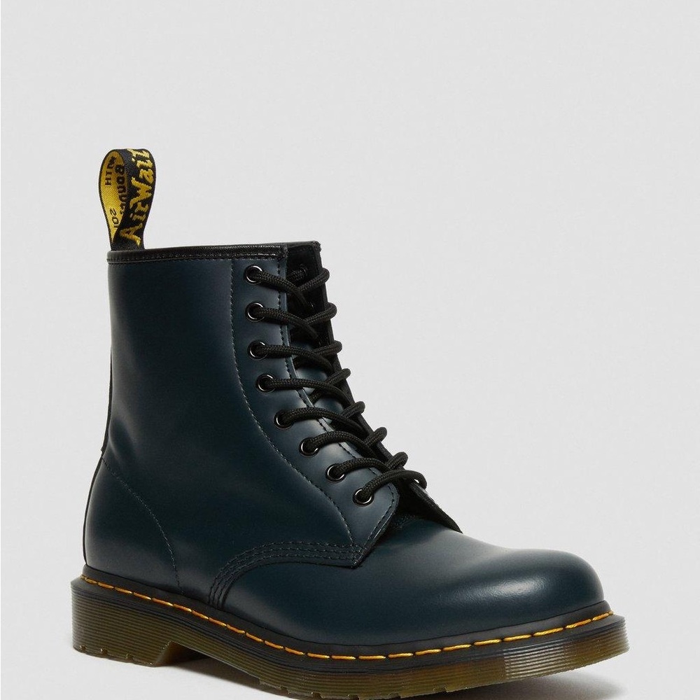 Dr. Martens Smooth Navy Combat Boots with Yellow Stitching